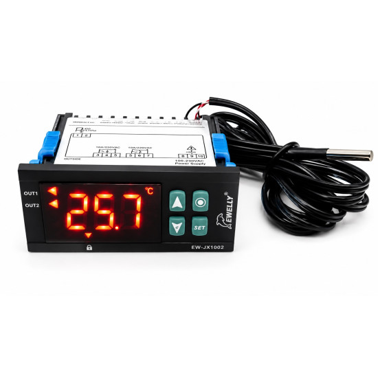 EW-JX1002 digitális termosztát 230V, 2 relés, NTC érzékelővel