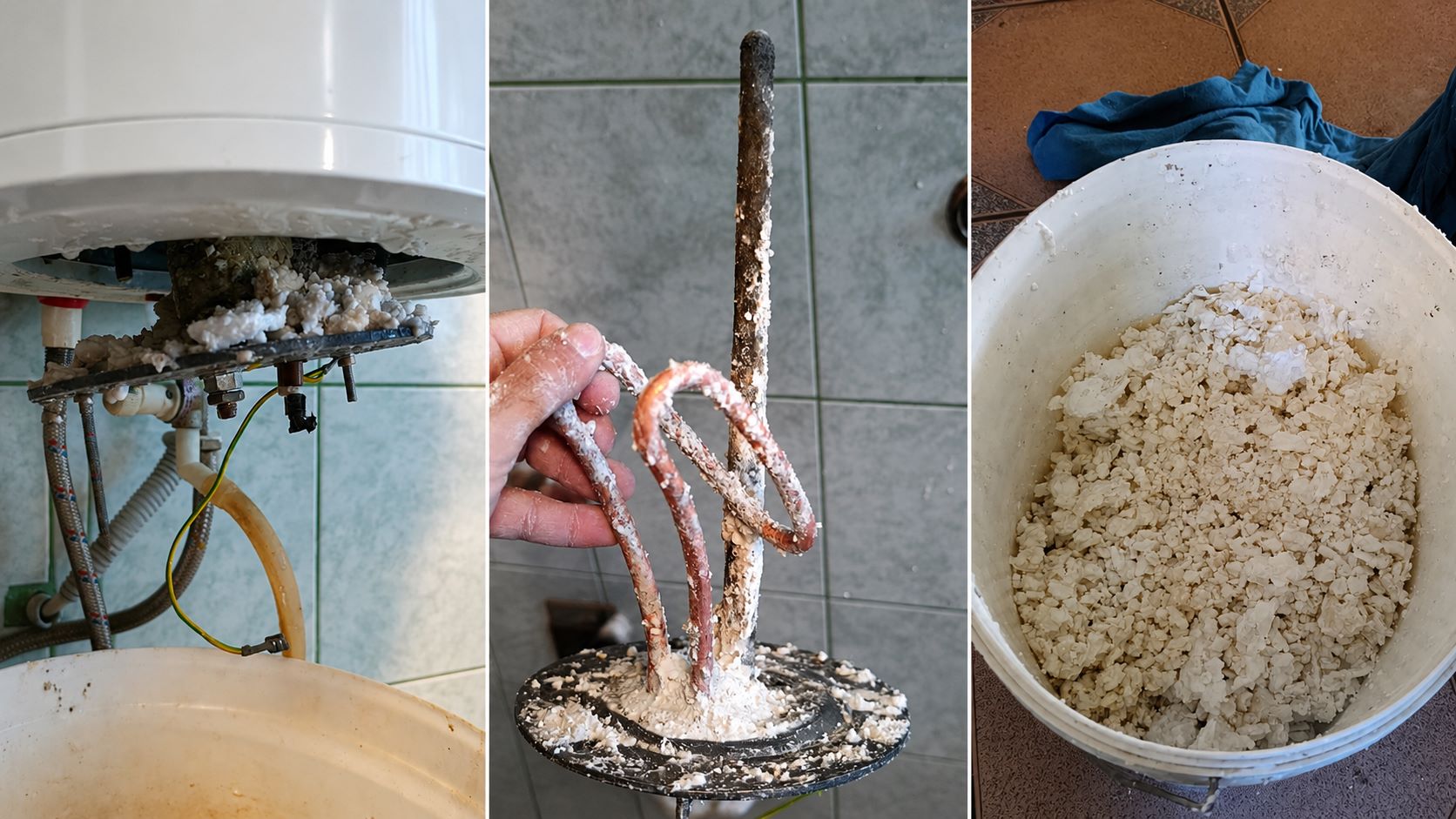 Villanybojler vízkőtlenítése során eltávolított vízkő és fűtőbetét